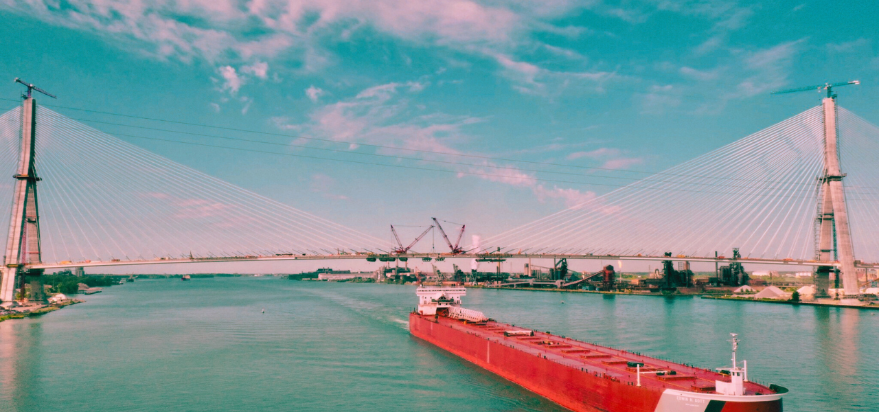 View of the Gordie Howe International Bridge connecting Windsor, Ontario, and Detroit, Michigan, the longest cable-stayed bridge in North America, enhancing cross-border trade and travel.